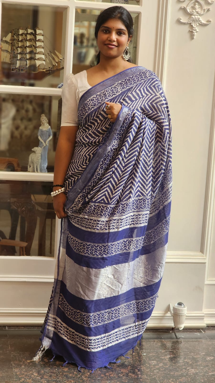 Elegant Indigo Blue & White Semi Linen Saree with Geometric Print