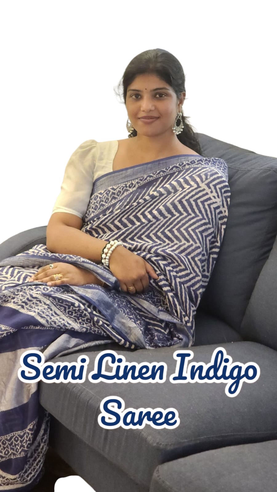 Elegant Indigo Blue & White Semi Linen Saree with Geometric Print