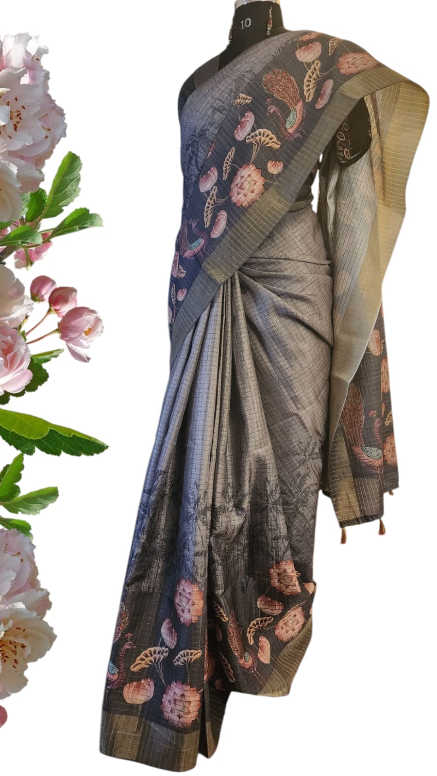Mystic Grey Charm – Soft Silk Saree with Peacock & Lotus Print