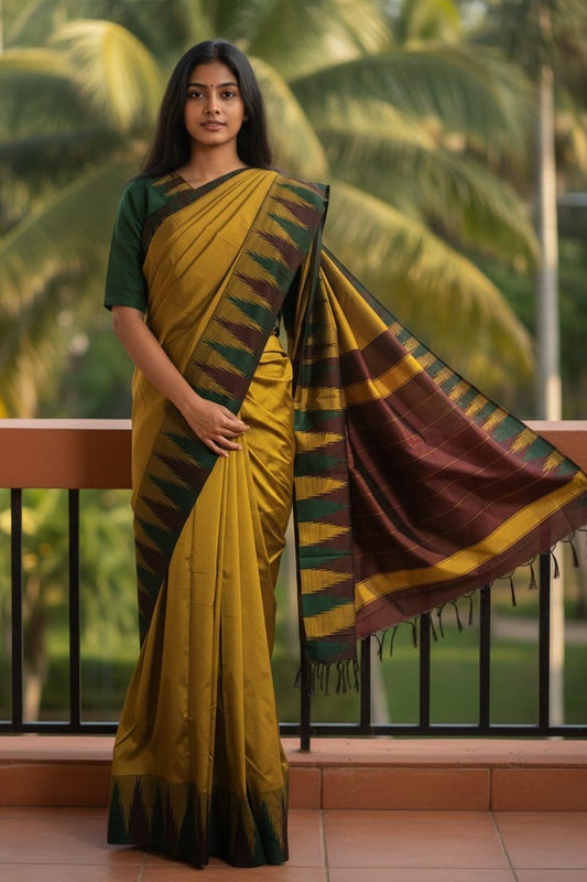 Mustard Elegance Silk Saree with Contrast Temple Border