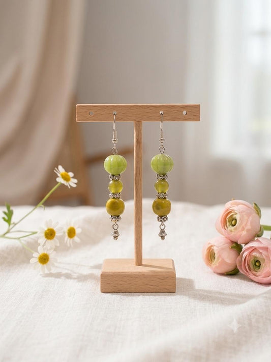 Green Tri-Bead Dangle Earrings
