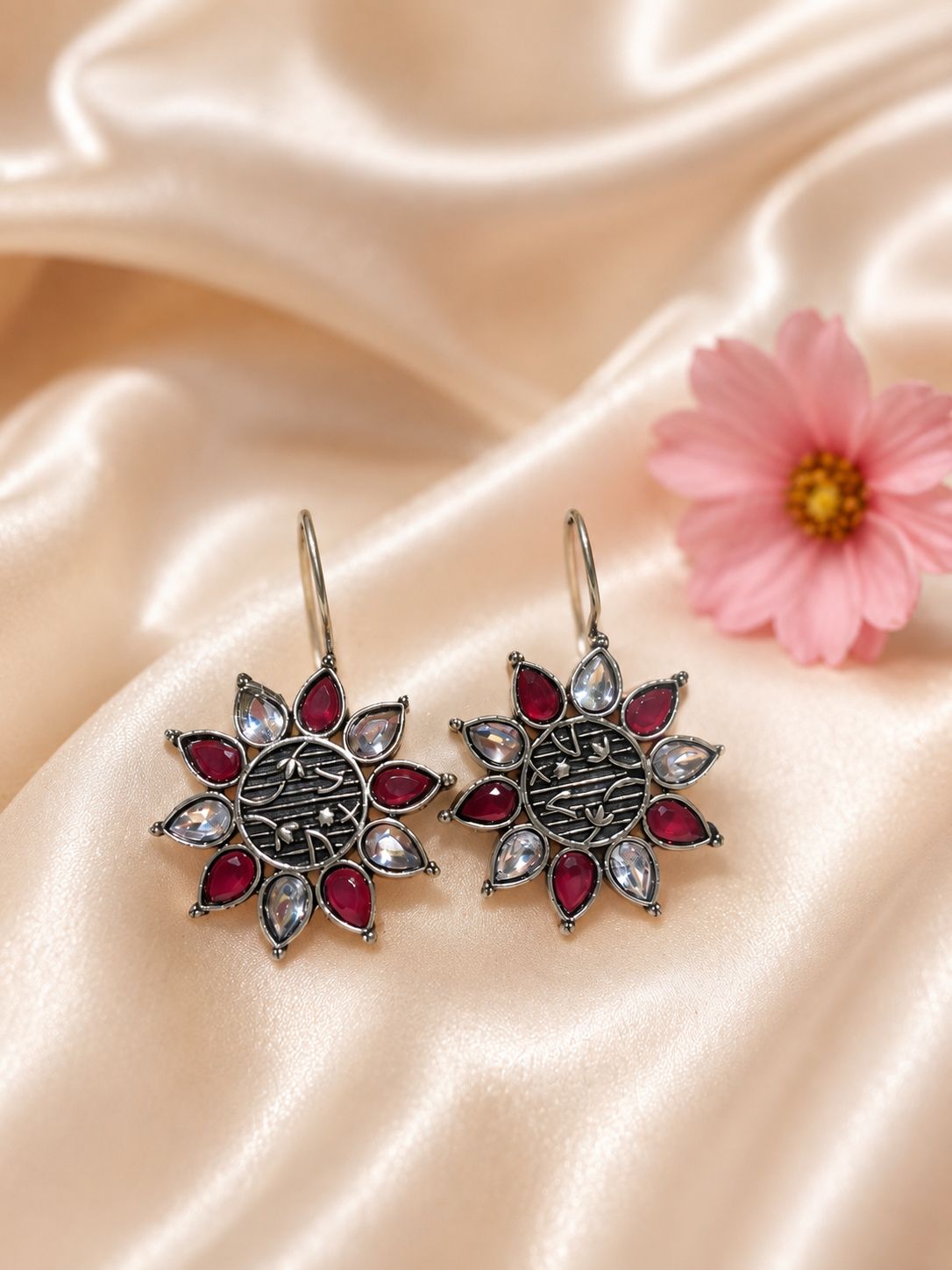 Red and Clear Stone Floral Drop Earrings