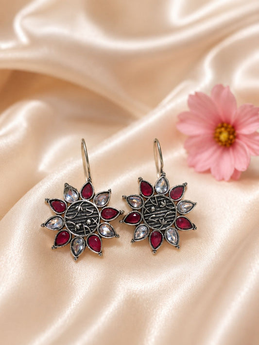 Red and Clear Stone Floral Drop Earrings