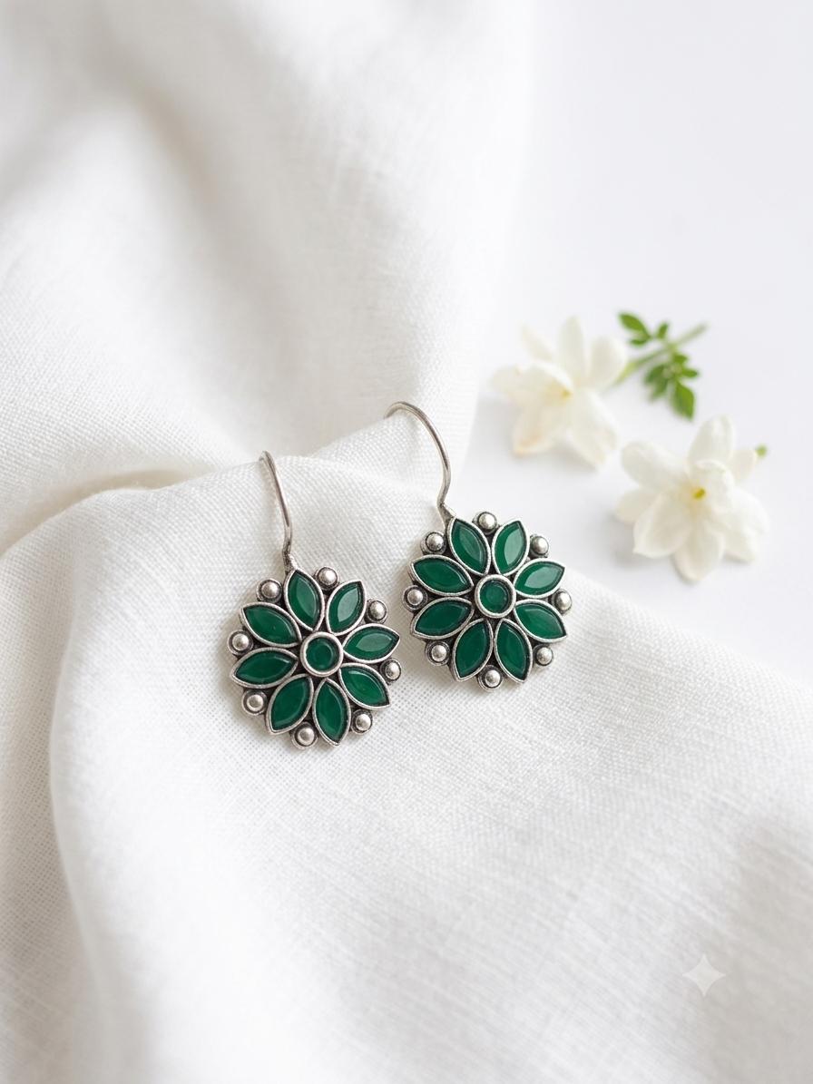 Green Floral Silver-Tone Dangle Earrings