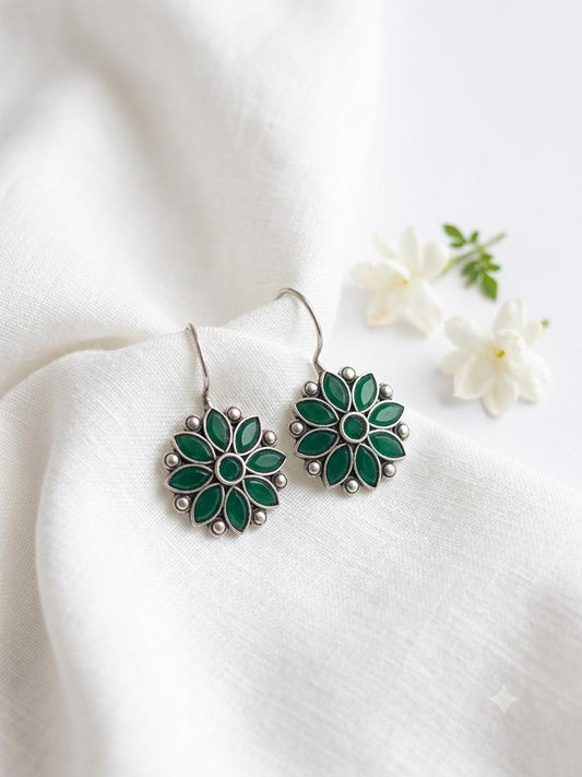 Green Floral Silver-Tone Dangle Earrings