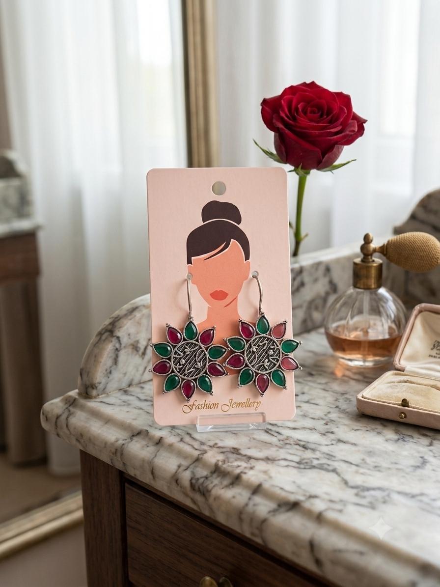 Green and Pink Statement Floral Drop Earrings