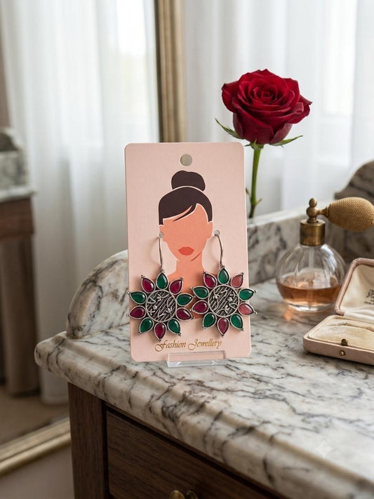 Green and Pink Statement Floral Drop Earrings