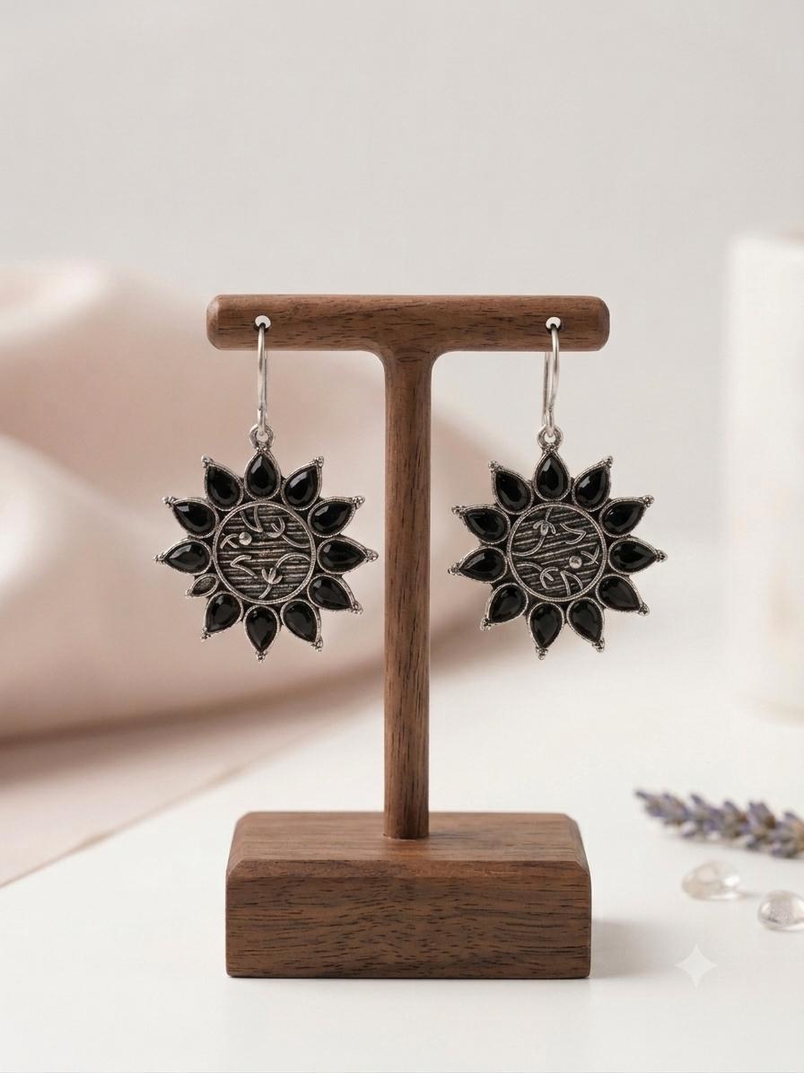 Black Stone-Inspired Floral Dangle Earrings