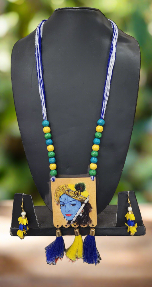 Divine Serenity: Lord Krishna Digital Print Pendant Necklace with Wooden Beads