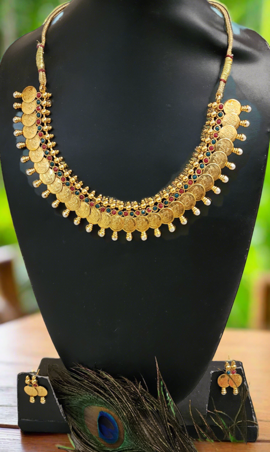 Divine Lakshmi Coin Necklace: Traditional Gold-Plated Elegance with Inlaid Stones