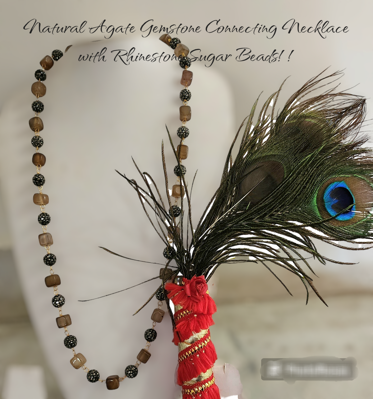 Natural Agate Gemstone Connecting Necklace with Rhinestone Sugar Beads
