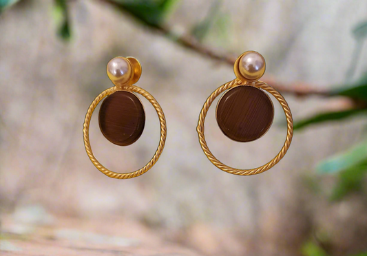 Earth Essence Hoop Earrings: Brown Stone Inlay