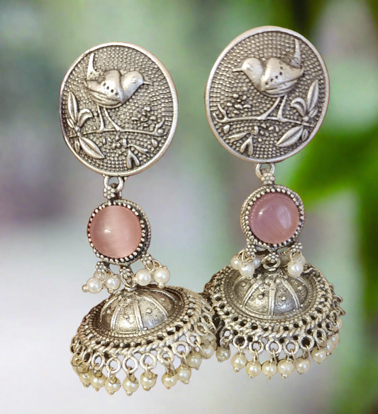 Artisan Crafted Long Oxidized Jhumka Earrings with Beads