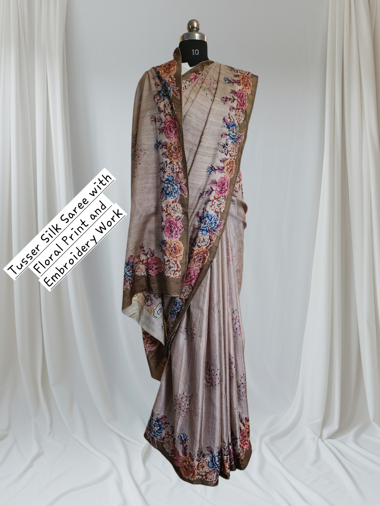 Tussar Silk Saree with Floral Print & Intricate Embroidery