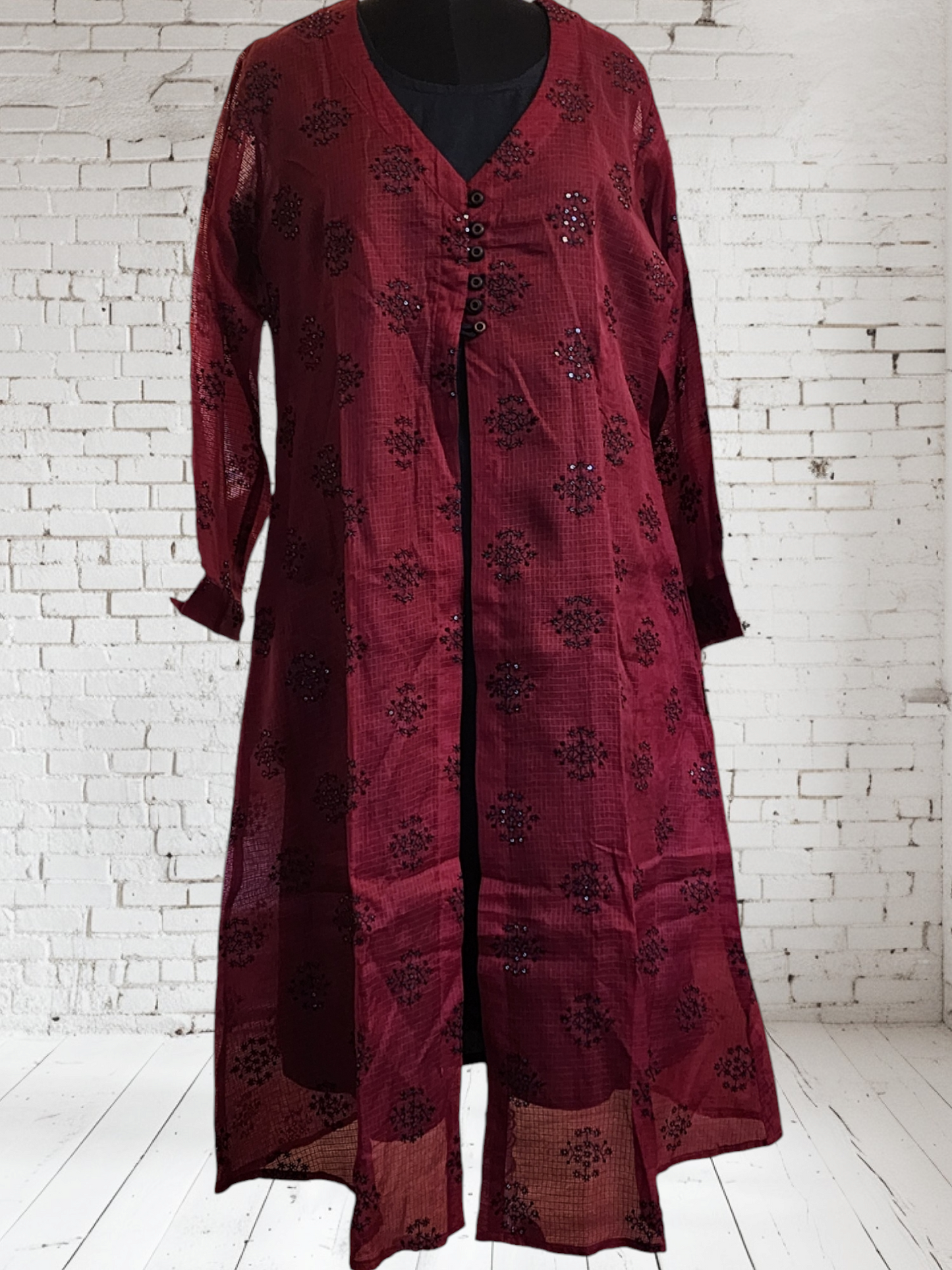 Elegant Maroon Embroidered Long Jacket Kurti with Button Detailing