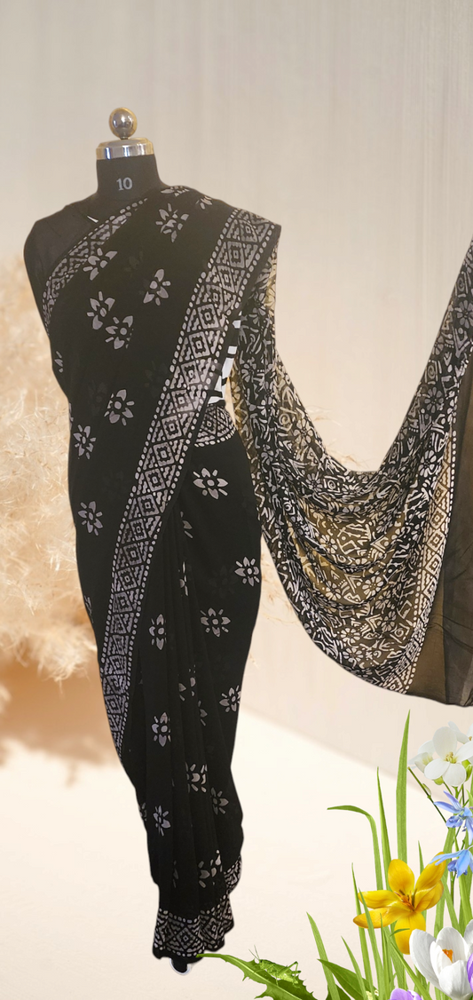 Graceful Black Chiffon Saree with White Floral & Geometric Prints