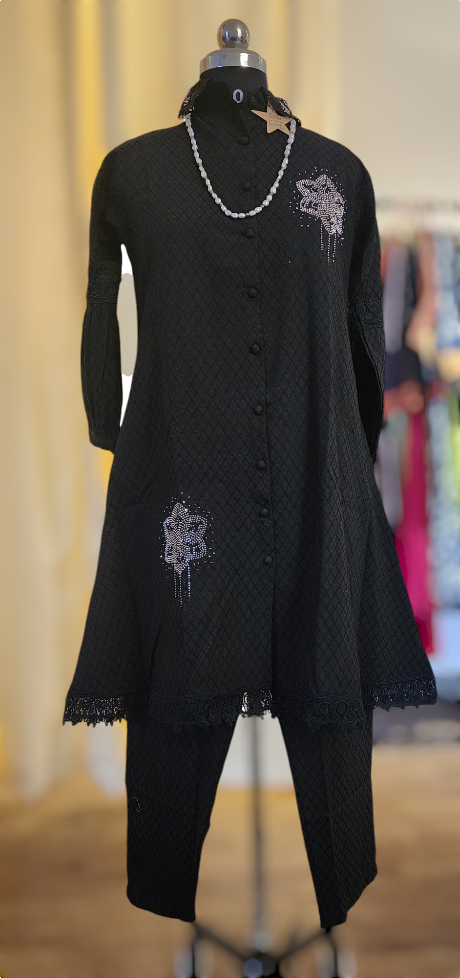 Black Embroidered Cord Set with Lace Detailing & Rhinestone Accents