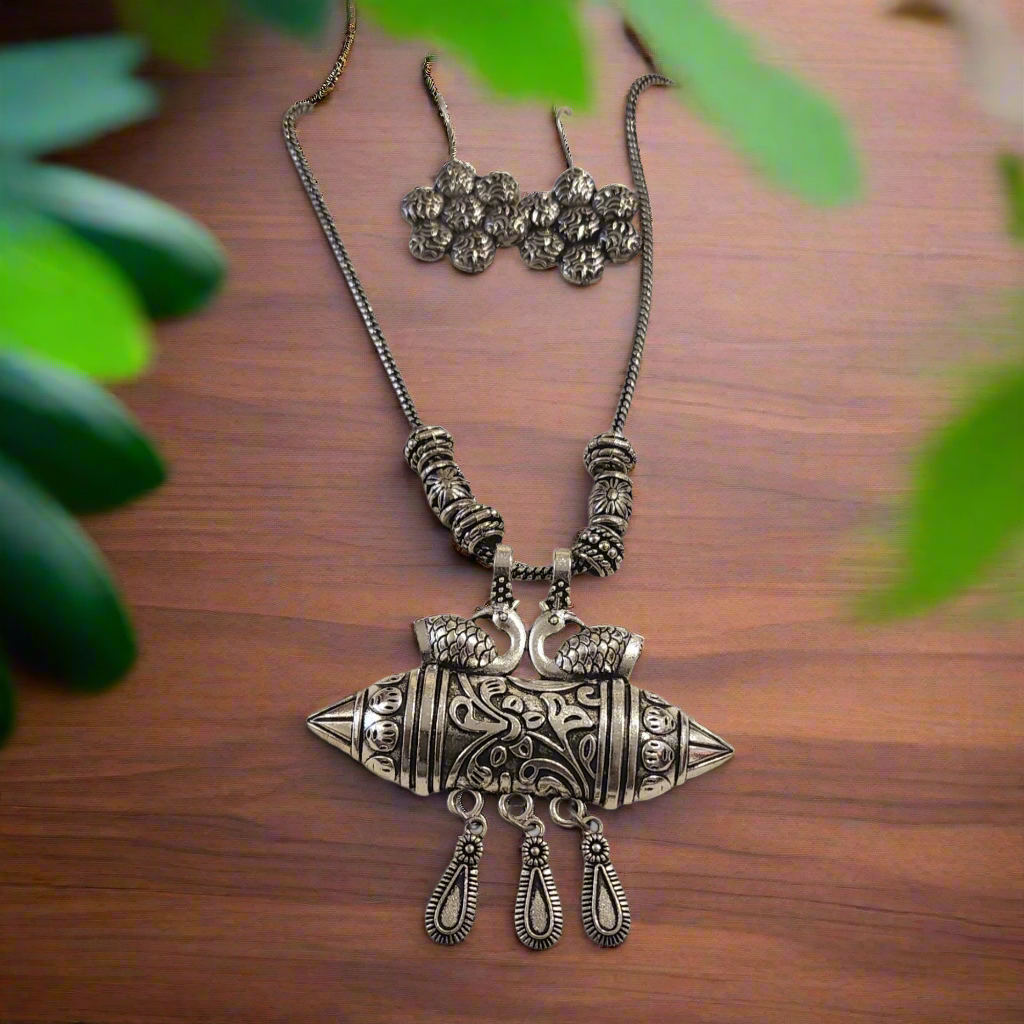 Oxidized Peacock Pendant Necklace Set