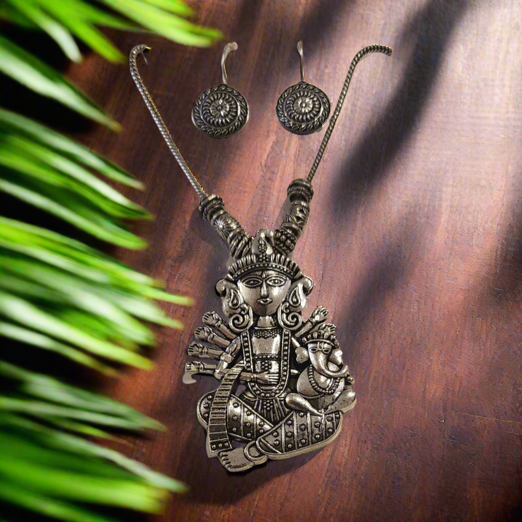 Oxidized Necklace Set with Goddess & Lord Ganesha Pendant