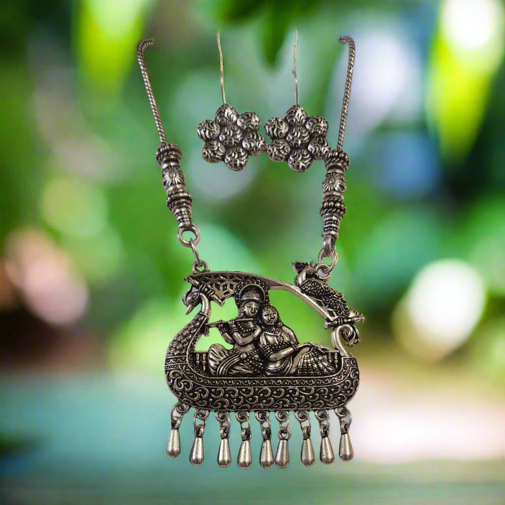 Oxidized Necklace Set with Radha-Krishna Swing Design