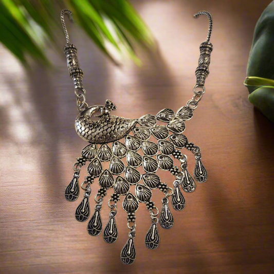 Oxidized Necklace Set with Large Peacock Pendant