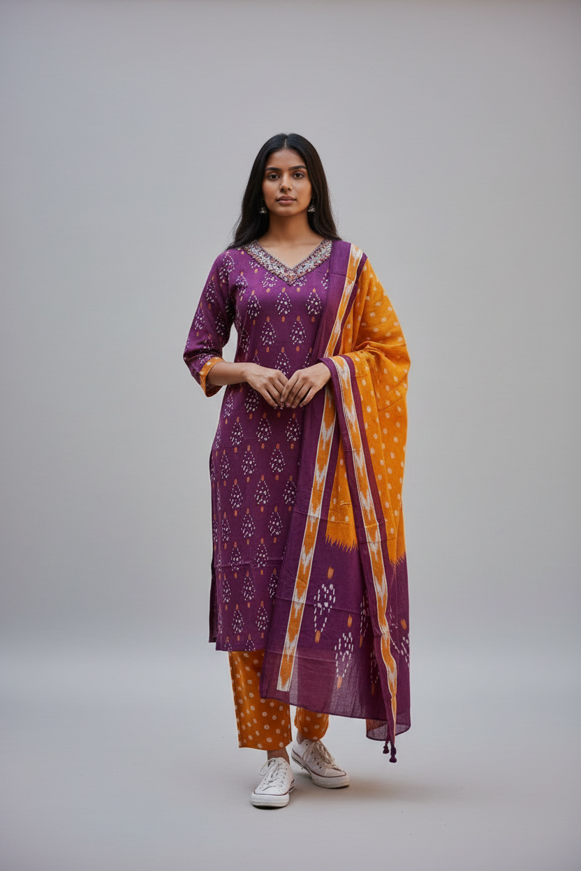 Woman in a purple and orange traditional outfit standing in front of a stone building with flowers.