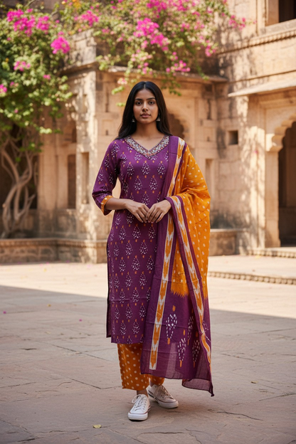 Ethnic Purple & Mustard 3-Piece Kurta Set with Embellished Neckline