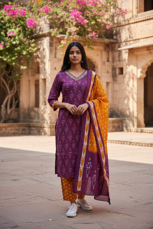 Ethnic Purple & Mustard 3-Piece Kurta Set with Embellished Neckline