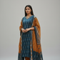 Teal Blue Ikat Print 3-Piece Kurta Set with Mustard Dupatta