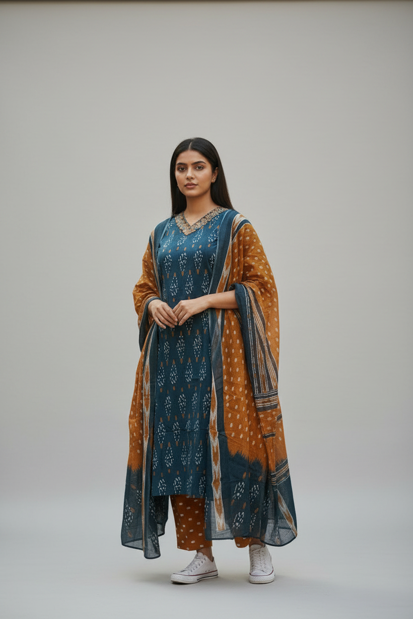 Teal Blue Ikat Print 3-Piece Kurta Set with Mustard Dupatta