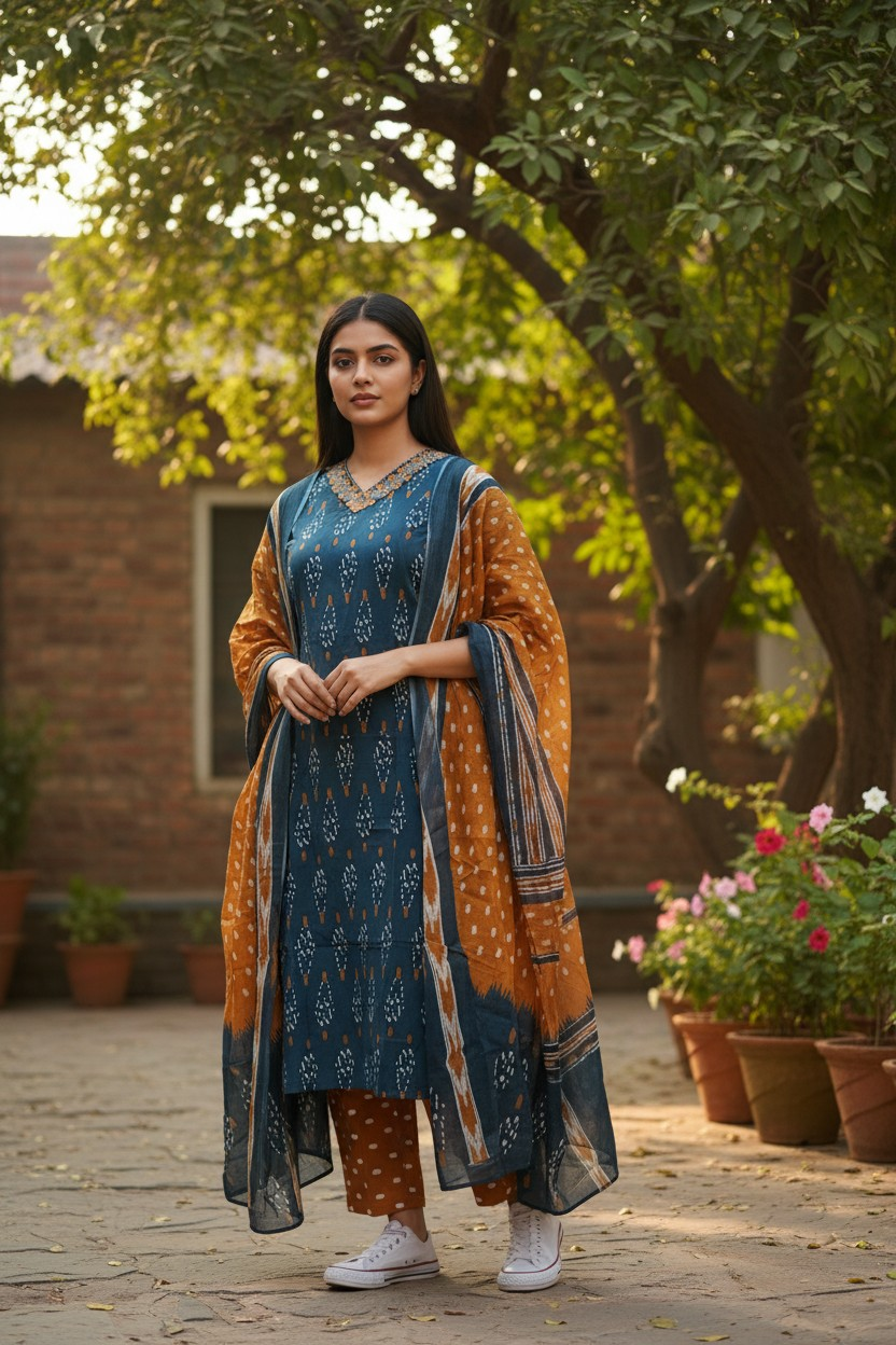 Teal Blue Ikat Print 3-Piece Kurta Set with Mustard Dupatta