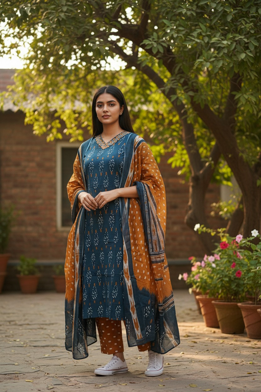 Teal Blue Ikat Print 3-Piece Kurta Set with Mustard Dupatta