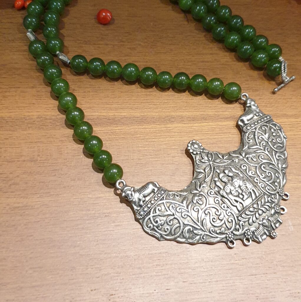 Long Natural Jade Gemstone Necklace with Large Pendant