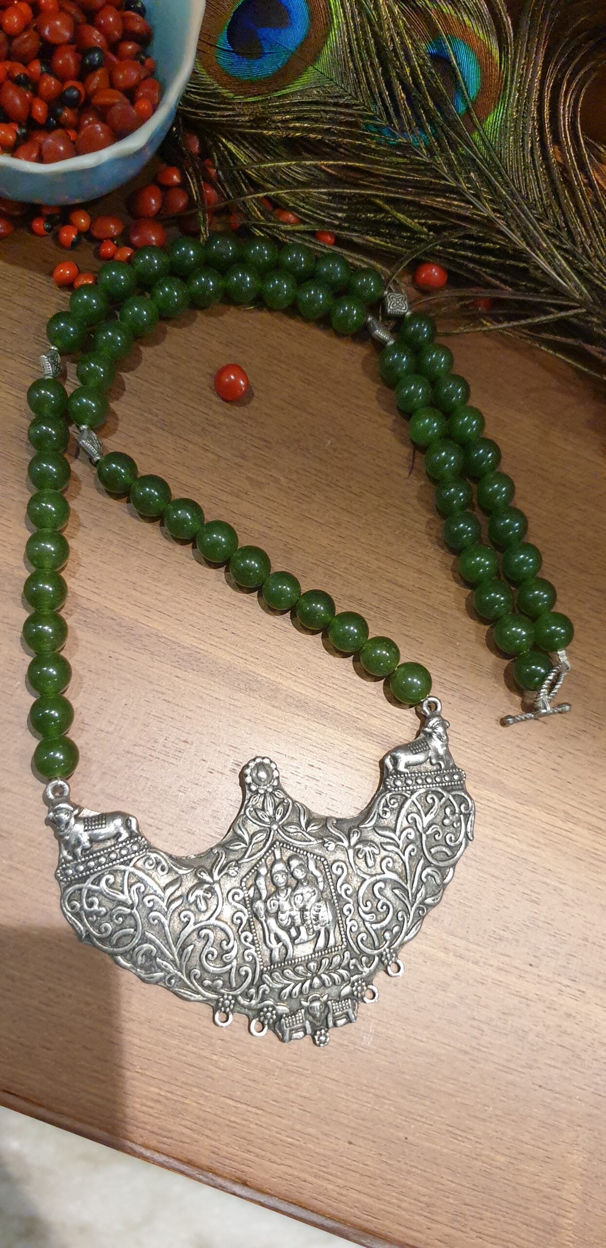Long Natural Jade Gemstone Necklace with Large Pendant
