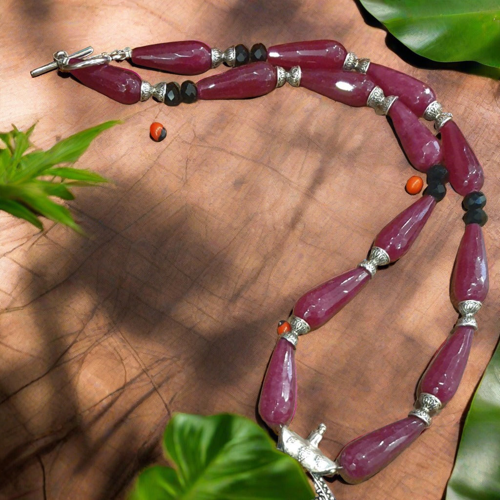 Natural Onyx Dark Pink Gemstone Necklace with Pendant