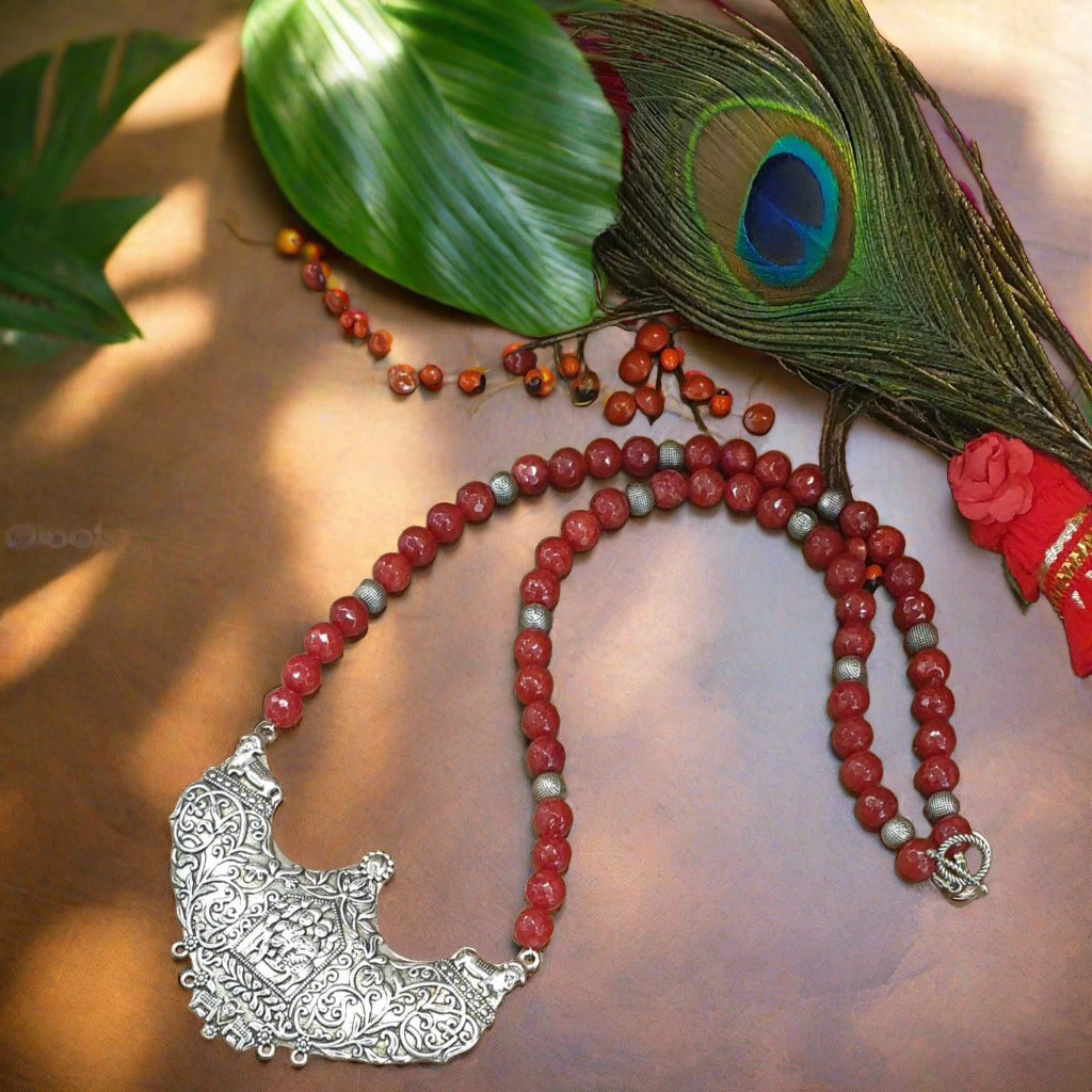Long Natural Agate Gemstone Necklace with Large Pendant