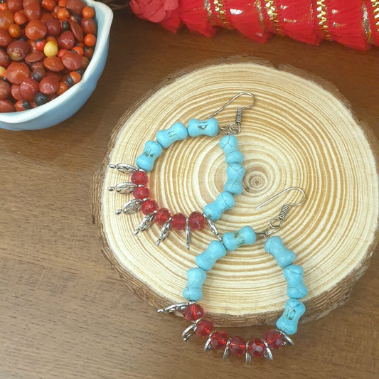 Natural Turquoise (Firoza) and Red Crystal Hoop Earrings