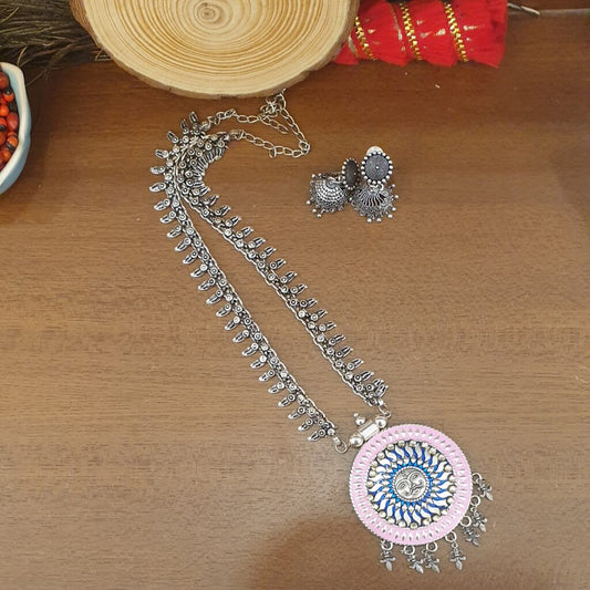 Oxidized Silver Necklace with Large Designer Pendant and Jhumkas