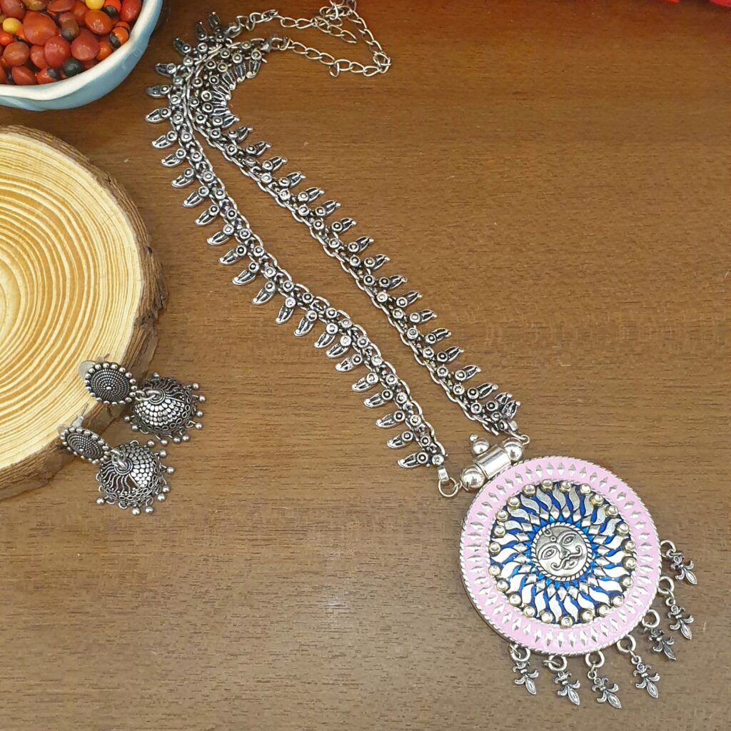 Oxidized Silver Necklace with Large Designer Pendant and Jhumkas